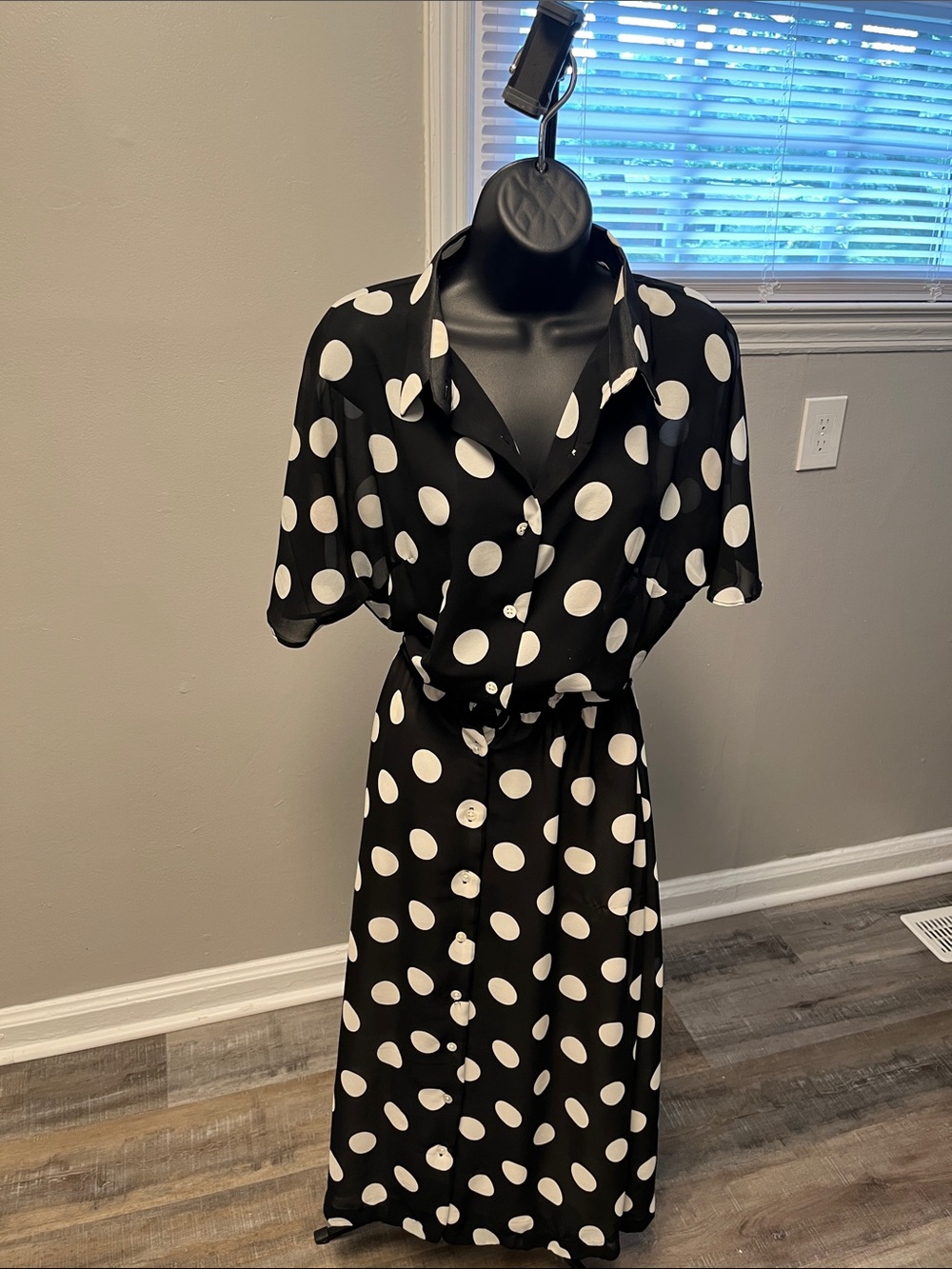Gretchen Scott Designs Black and White Polka Dot Midi Shirt Dress